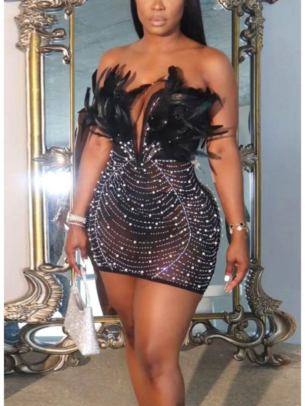 size S beaded thin bodycon black sheer mini dress feather chest detail c-thru - Picture 2 of 9